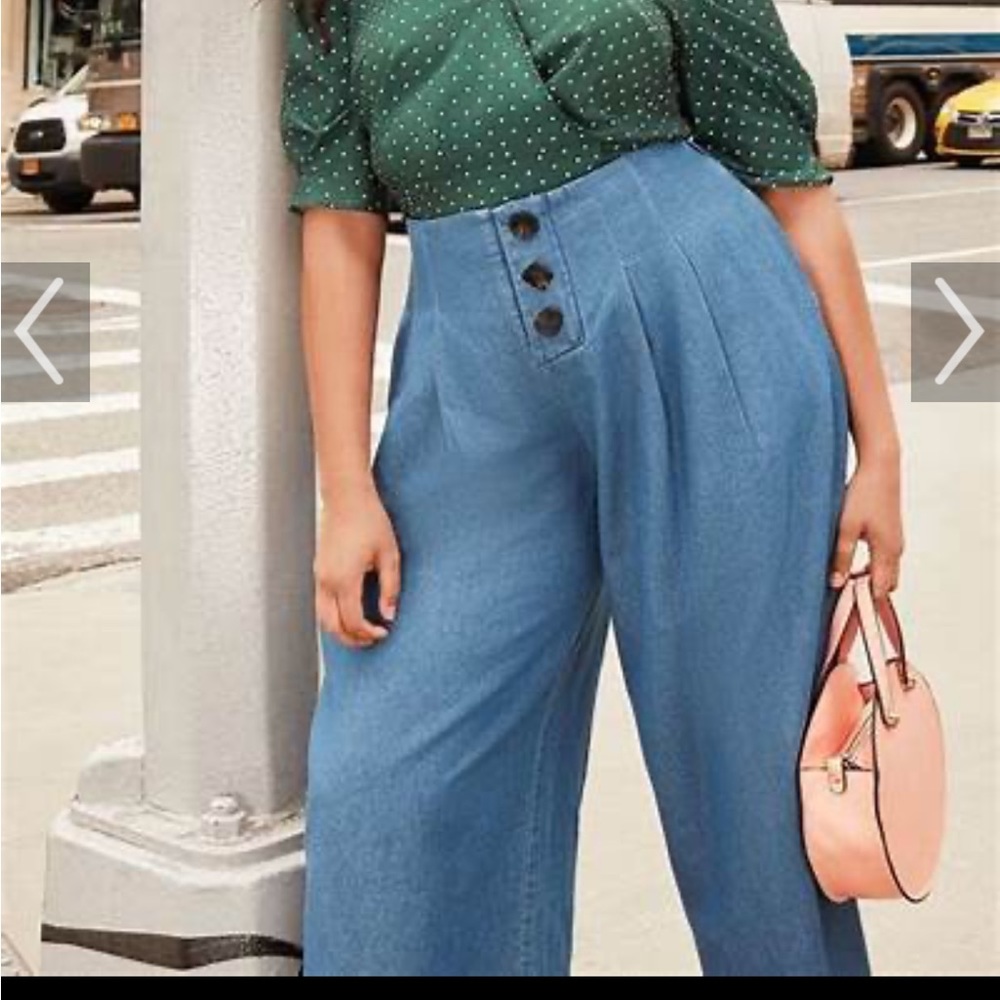 Eloquii Wide Leg Chambray Pants with Button Detail